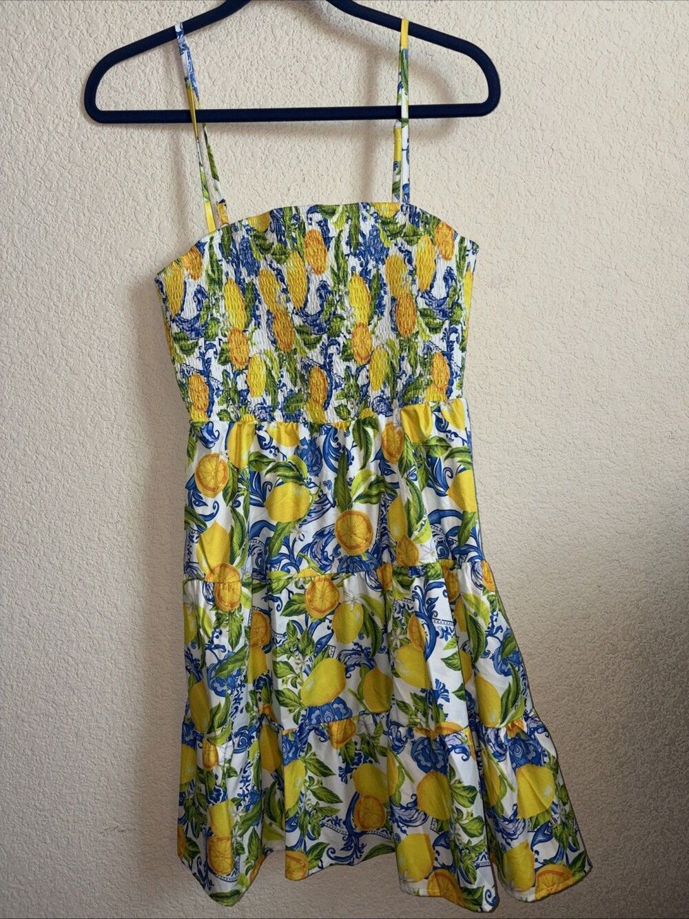 Women Lemon Sundress Resort Midi Square Neck Smocked Ruffle Tiered L Vacation